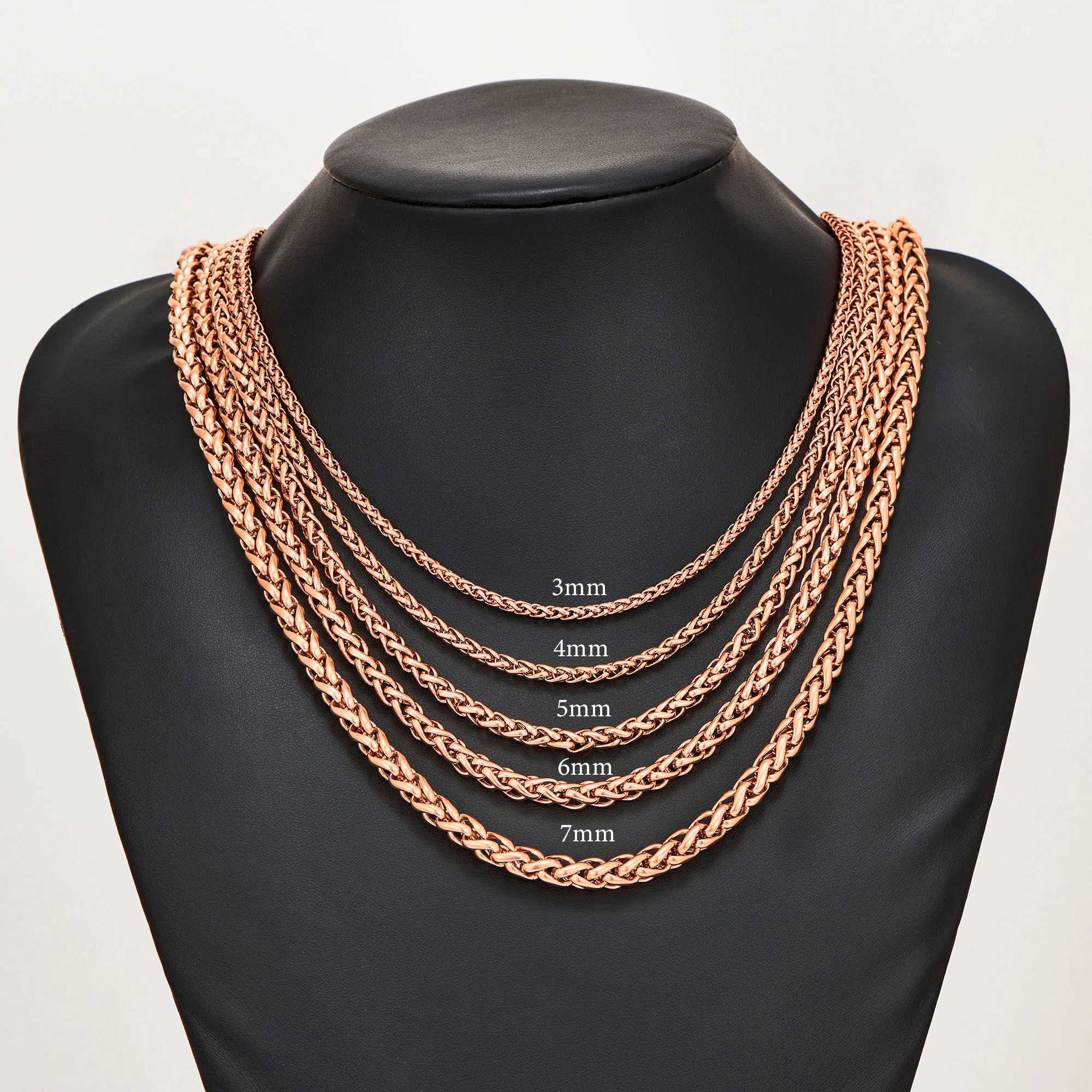3mm/4mm/5mm/6mm/7mm Rose Gold Color Stainless Steel Wheat Braided Necklace Link Classic Curb Chain for Men Women JewelryX240919