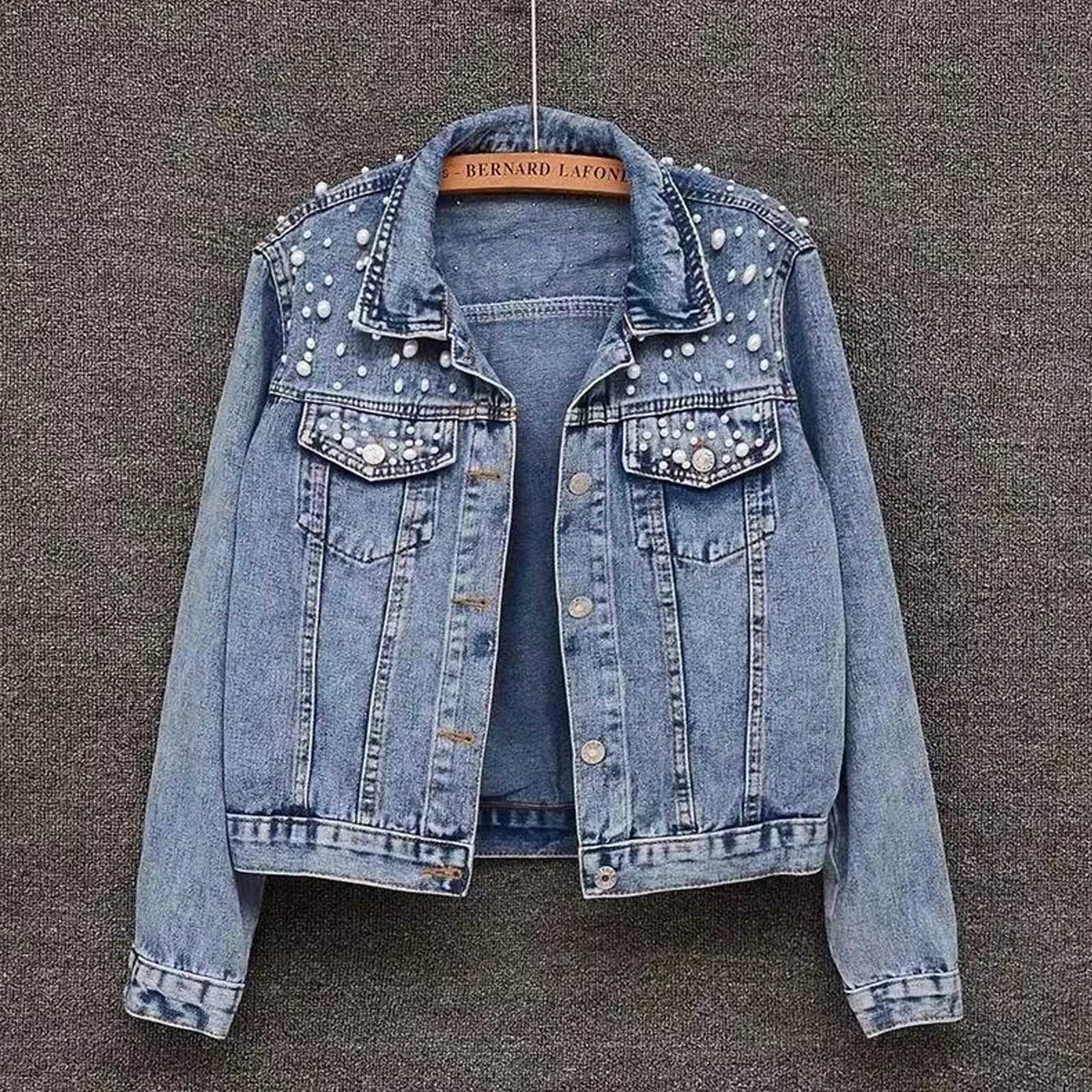 Womens Pearl Beaded Cropped Denim Jacket Long Sleeve Button Down Short Jackets Casual Boyfriend Jean Jacket Y2k Streetwear M-3XLX240920