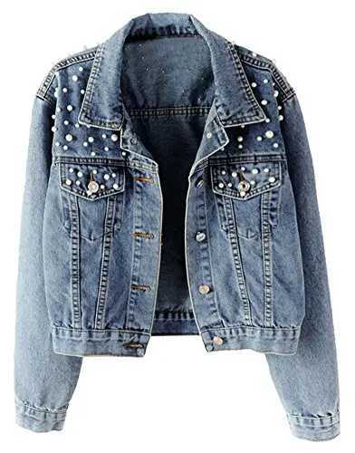 WomenS Fashion Denim Jacket Full Sleeve Loose Button Pearls Short Lapel Wild Single-Breasted Cardigan Pearl Beaded Jeans JacketX240920