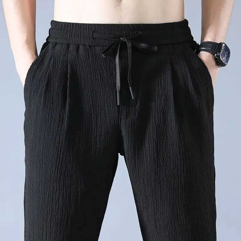 Ice Silk Linen Mens Sports Pants Casual Wide Summer Sports Pants Mens Drawstring Spring and Autumn Lightweight Halking Harem Trousers W240919