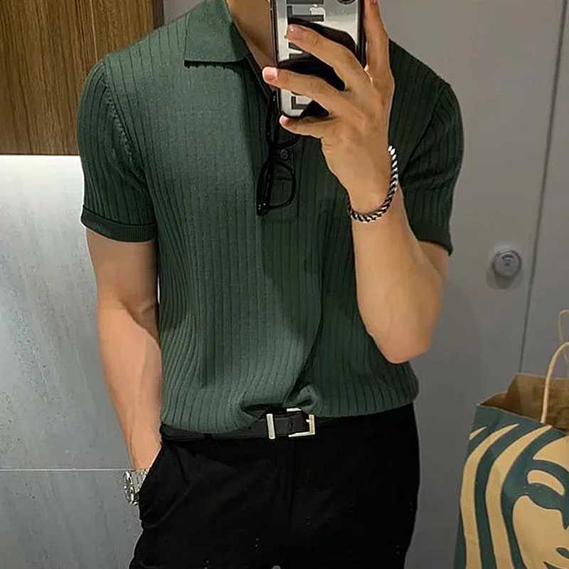 Summer Mens Retro Knitting Lapel Stripe POLO Shirt Solid Color Thin Cozy Short Sleeve T-ShirtX240920