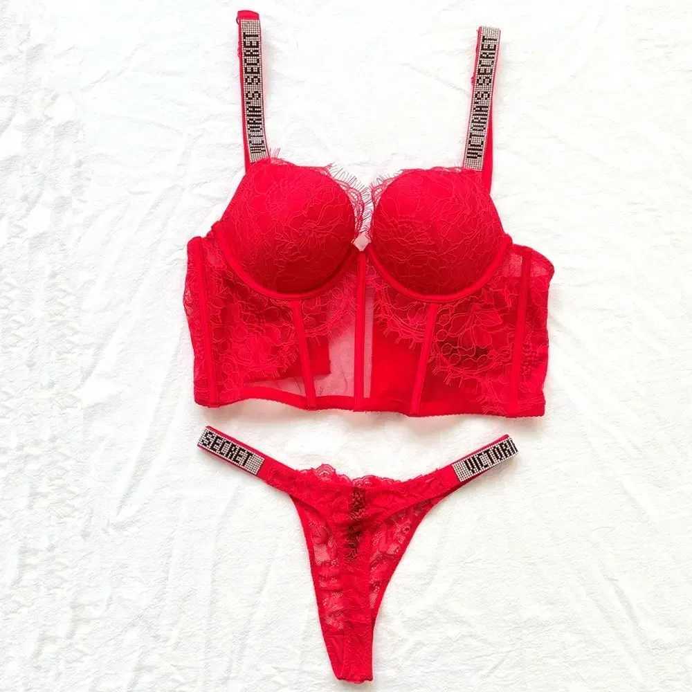 Bras Sets Lace letter VS brand design sexy rhinestone underwear womens comfortable push up bra underwear 2-piece short set seamless underwear set Y240920OPUH