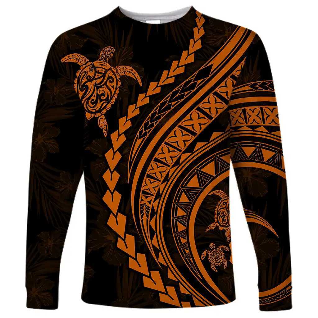 2024 new mens Polynesian long-sleeved T-shirt 3D printed turtle hibiscus luxury print mens autumn tops casual round neckX240919