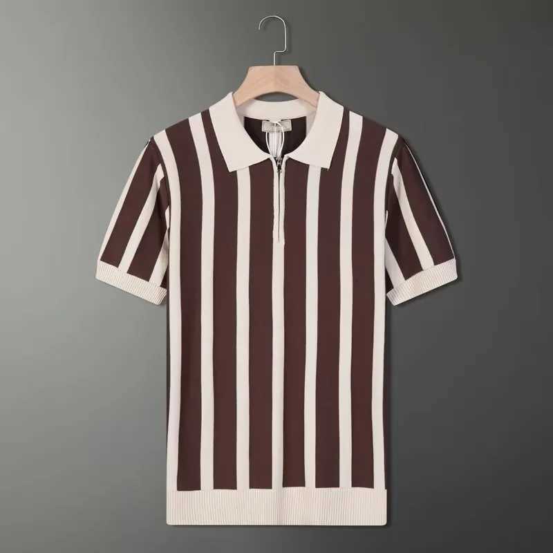 Mens Light Luxury Patchwork Knitted Polo Shirt Leisure Turn Down Collar Zippers Short Sleeve T-Shirt Breathable KnitwearX240920