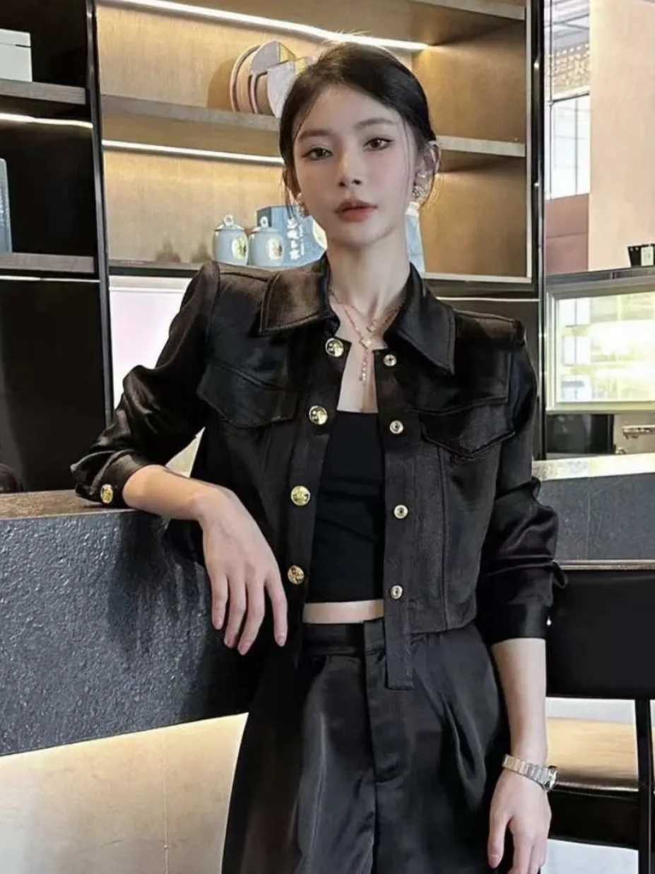 Korean Women Metal Buckle Irregular Satin Jackets Crop Tops Female Casual Sun Protection Clothing Coats White All-matched JacketX240920
