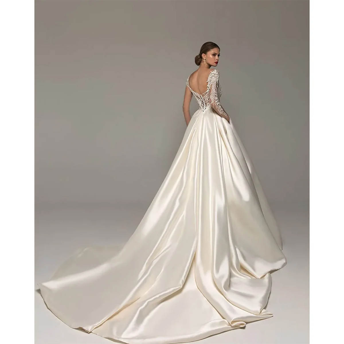 Elegant Wedding Dress For Women V Neck Long Sleeves Backless Bridal Gown Lace Appliques Sweep Train Dresses Custom Made Vestidos De Novia