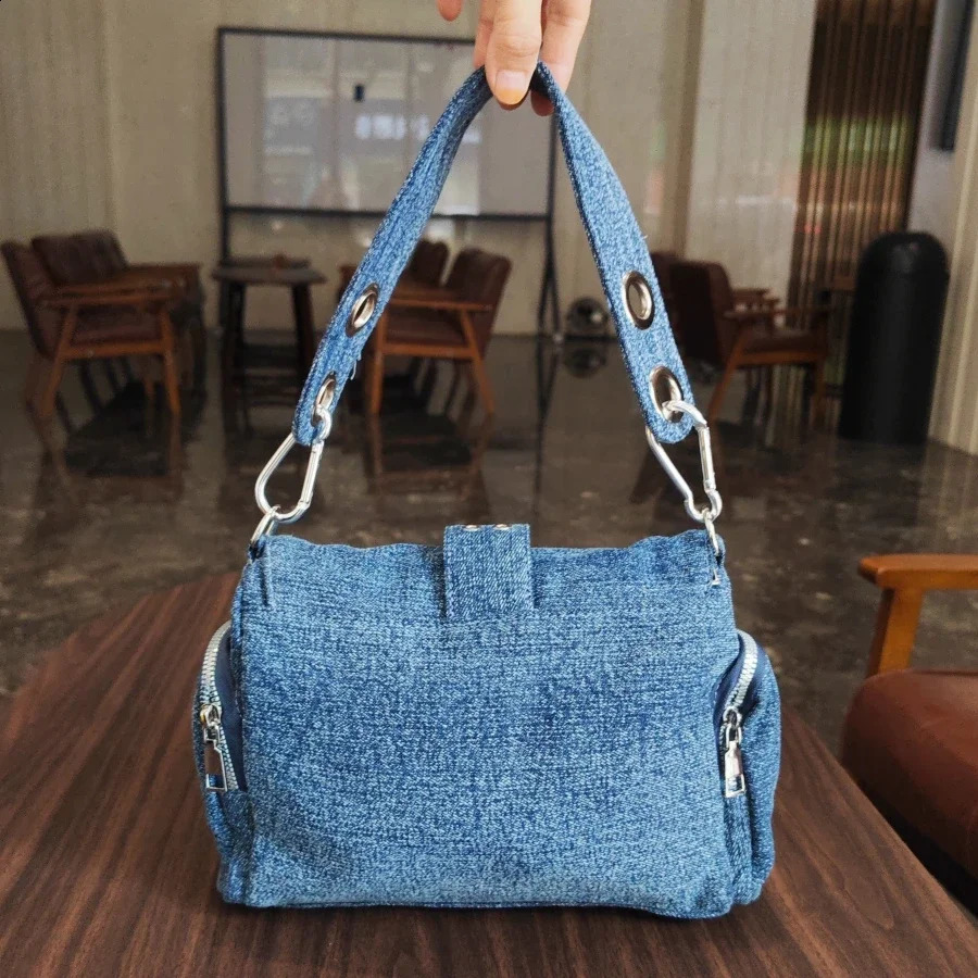 Fashion Rivet Womens Axle Bag n Handbag Lightweight Blue Denim Shoulder Cross 240919