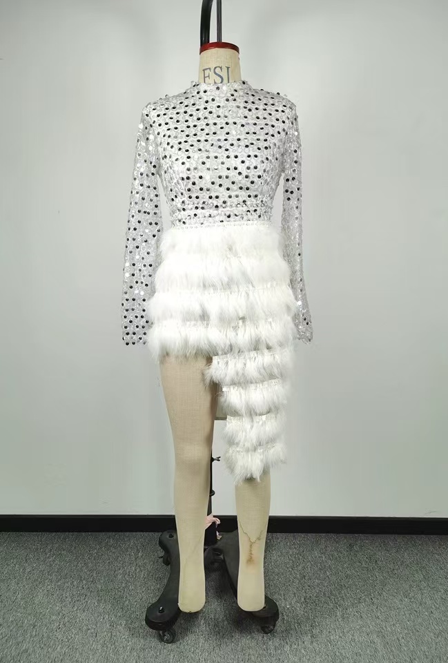 Casual Dresses Women Dress Sparkly Silver Sequins Feather Gold Round Neck Nude Banquet White Slit Short