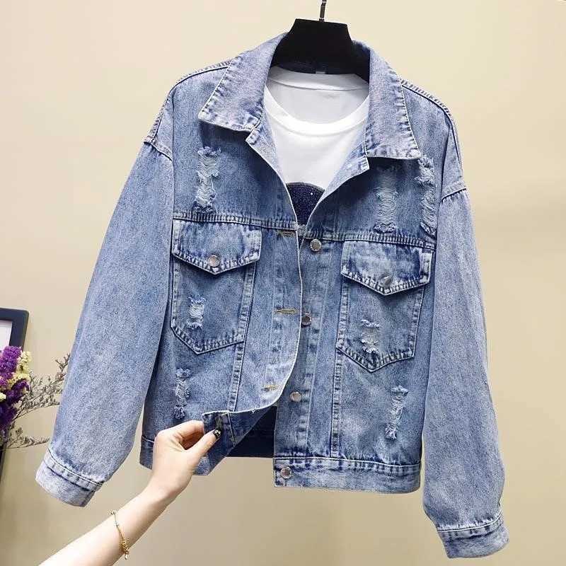 2024 New Autumn Harajuku Denim Jacket Sequins Beauty Applique Jeans Jacket Frayed Holes Casual Outwear Streetwear Denim Coat 357X240920