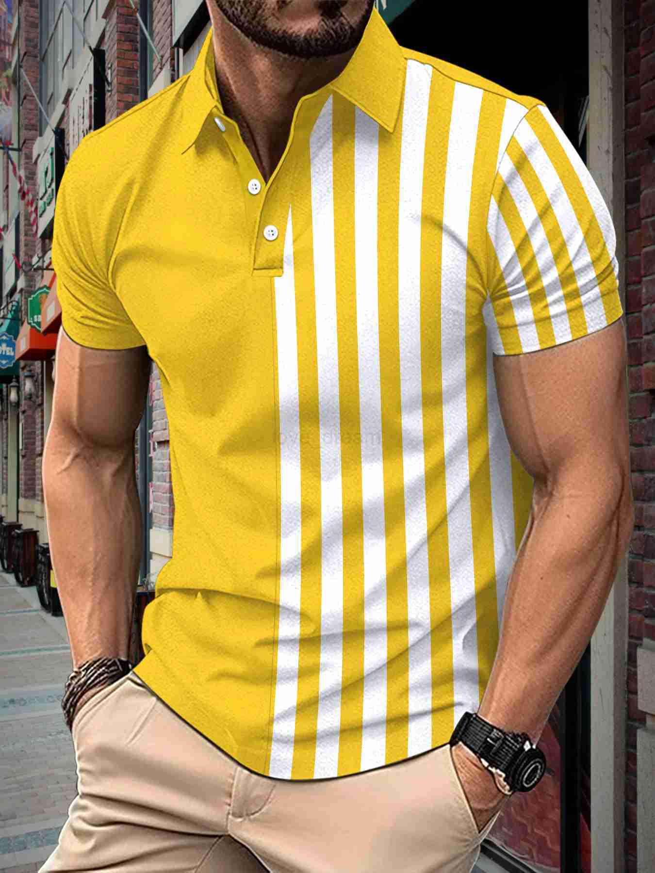 Mens summer new mens short-sleeved polo shirt striped color contrast lapel polo shirt Fashion sports T-shirt Breathable topXJ240920