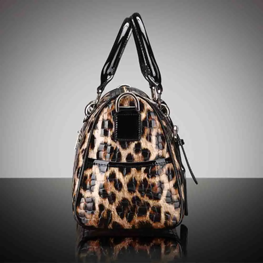 Leopard Print Patent Handbag Genuine Leather Boston Crossbody Pack For Women Large Capacity Female Tote Shoulder Bag 240913