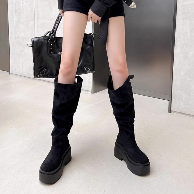Platform High Suede Women Shoes Brand New Pleated Designer 2024 Trend Retro Fad Comfort Woman Boots Hot Sale Mujer Booties