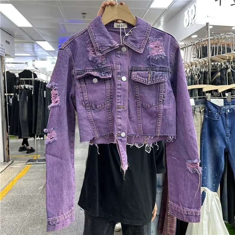 Harajuku Vintage Hole Denim Jacket Irregular Frayed Burrs Hem Purple Blue Spring Autumn New Women Short Jeans Jacket StreetwearX240920