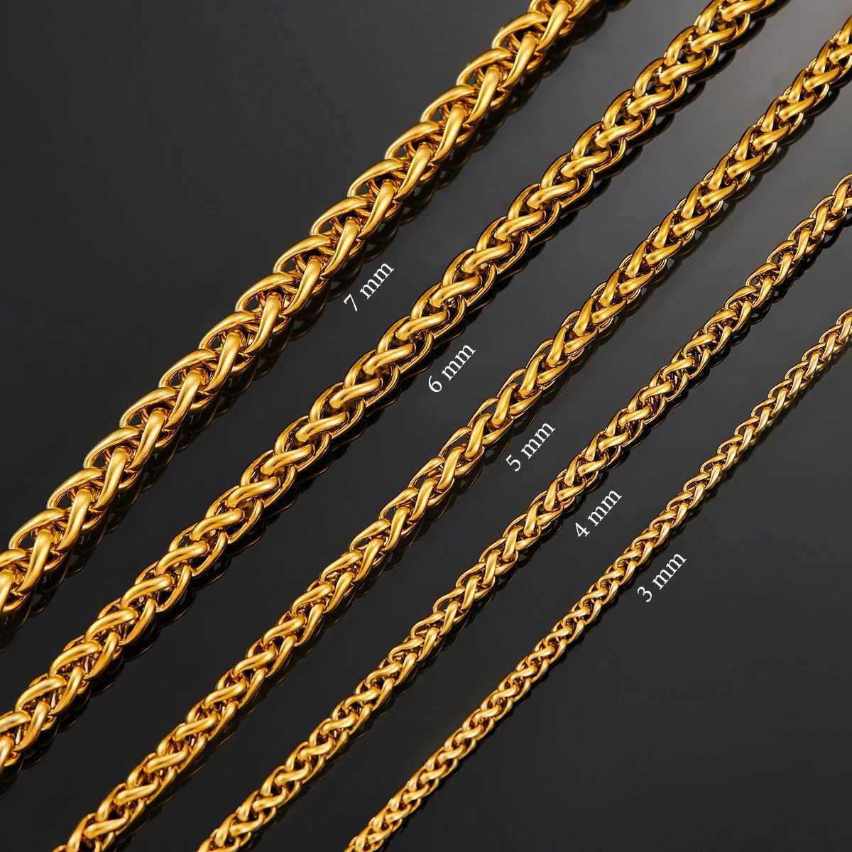 Thickness 3mm/4mm/5mm/6mm/7mm Gold Color Wheat Braided Stainless Steel Necklace Link Classic Curb Chain for Men Women JewelryX240919