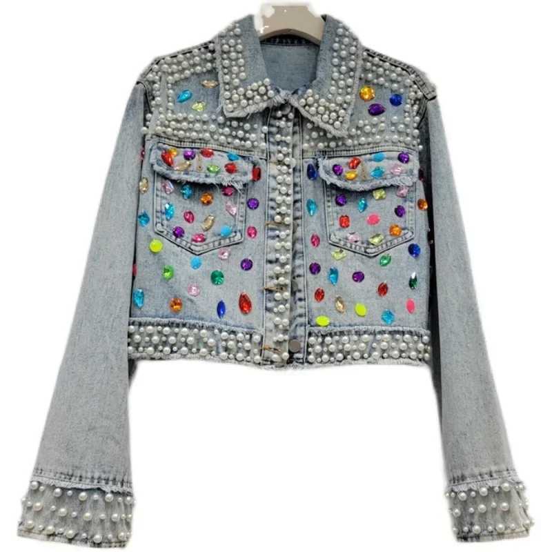 Spring Autumn Women Rainbow Diamonds Pearls Beaded Denim Jacket Rhinestones Rivets Short Jeans Cowboy Cardigan Sequined OutwearX240920