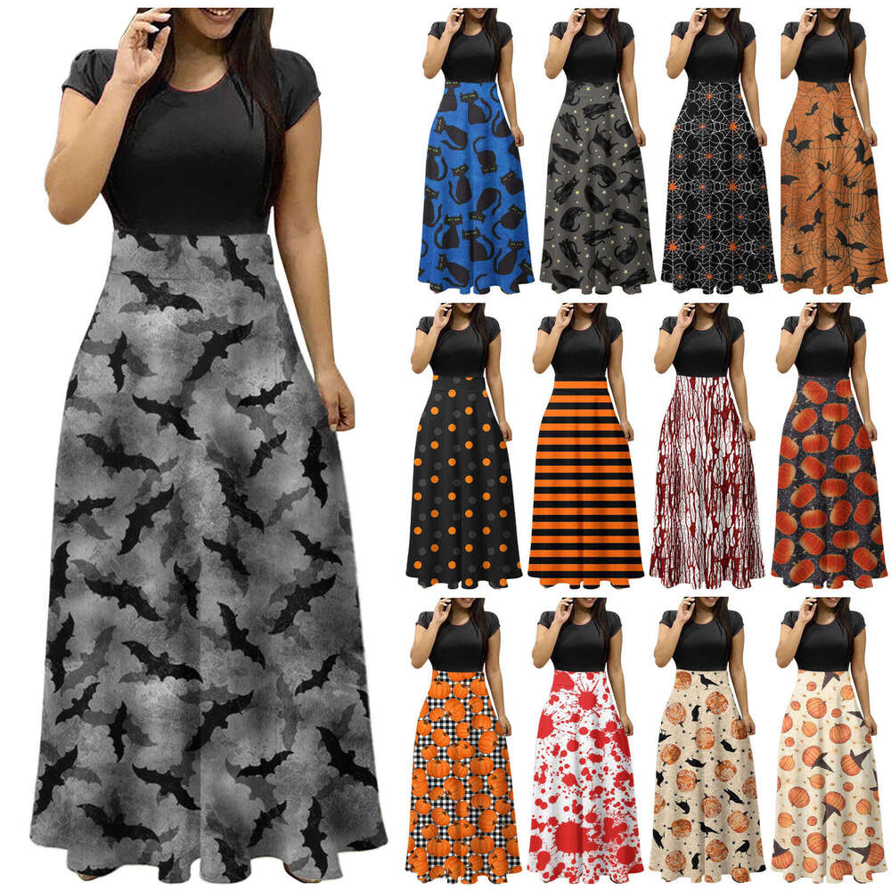 Hallowmas Halloween Gothic themed printed color blocked waist hugging holiday dress for women