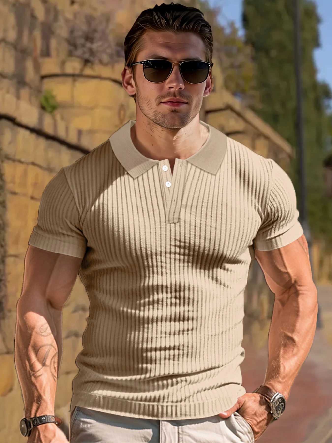 New Summer Polo Men Solid Stripe Fitness Elasticity Short Sleeve Polo Shirts for Men Fashion Stand Collar Mens ShirtsX240920
