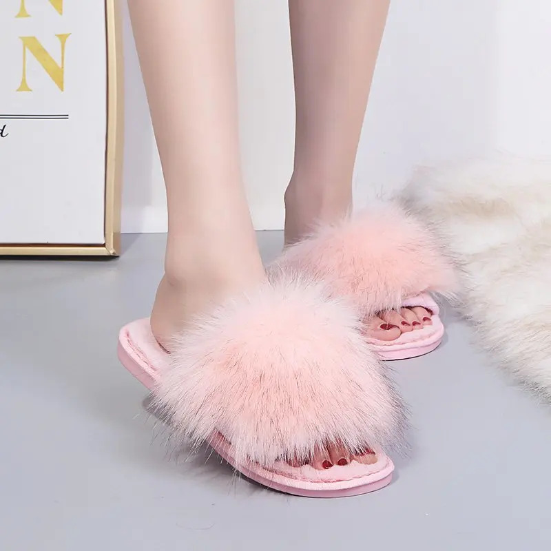 Thick Fluffy Fur 2024 New Winter House Warm Furry Slippers Women Flip Ps Home Slides Flat Indoor Or Shoes