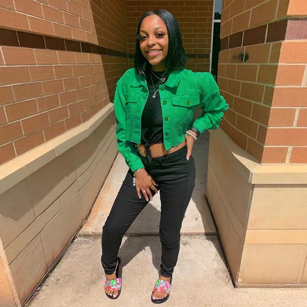 Streetwear Denim Cropped Jacket Female Gothic Button Ripped Cowboy Bomber Coat Harajuku Vintage Green Black Long Sleeve ClothesX240920