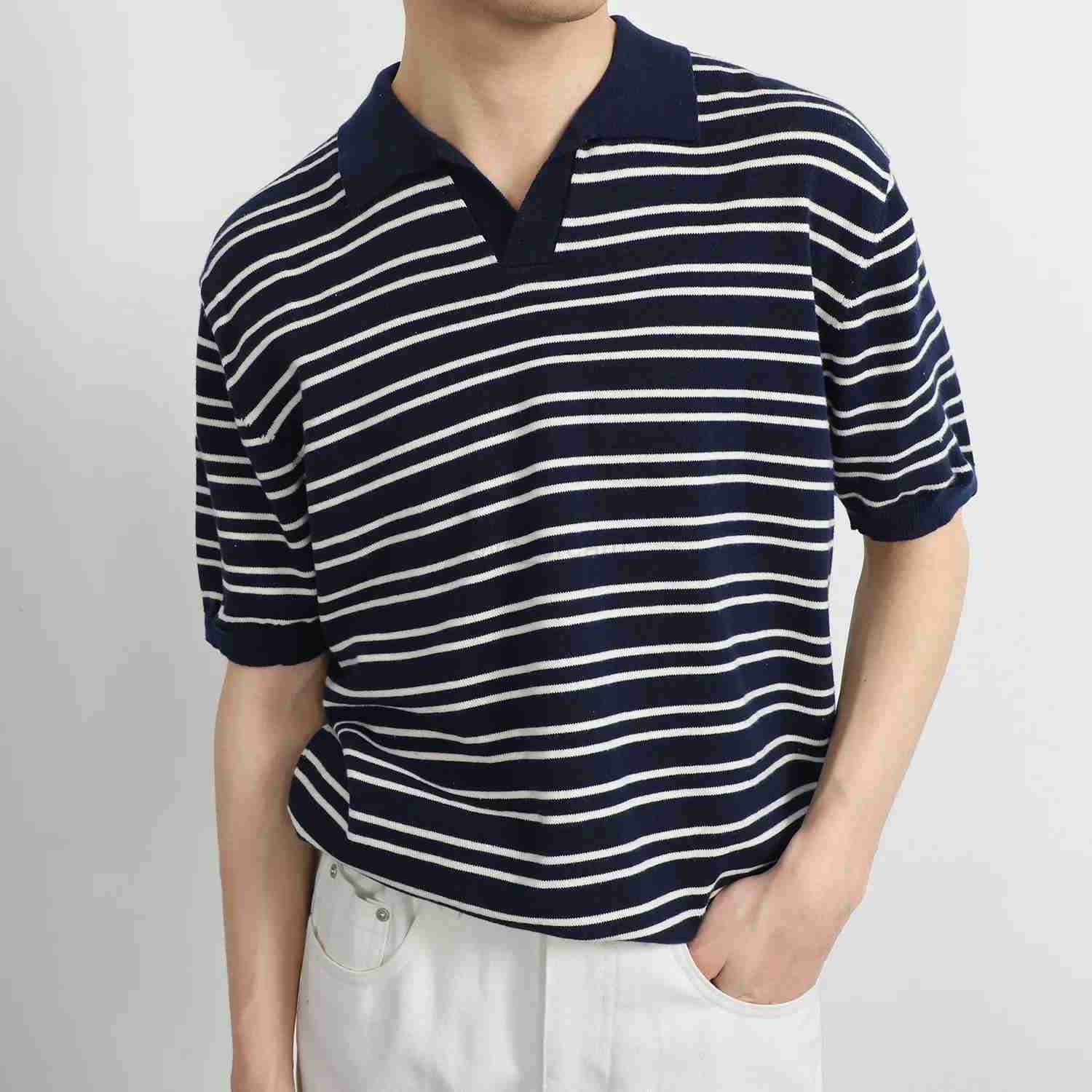 2022 Summer New V-neck Ice Silk Striped Polo Shirt For Men Short Sleeves Trendy Versatile Simple Fashionable Lapel T-shirtXJ240920