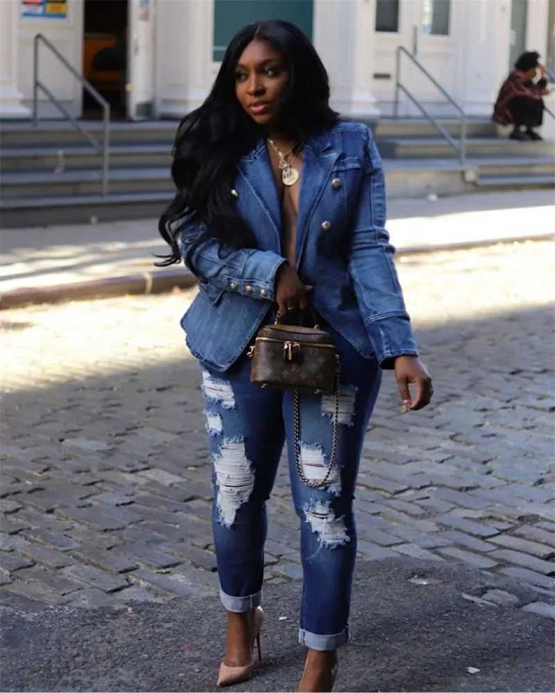 High Quality Women 2023 New Fashion Slim Casual Denim Coat Jackets Streetwear Full Sleeve Double Breasted Sexy Blue Jean JacketX240920