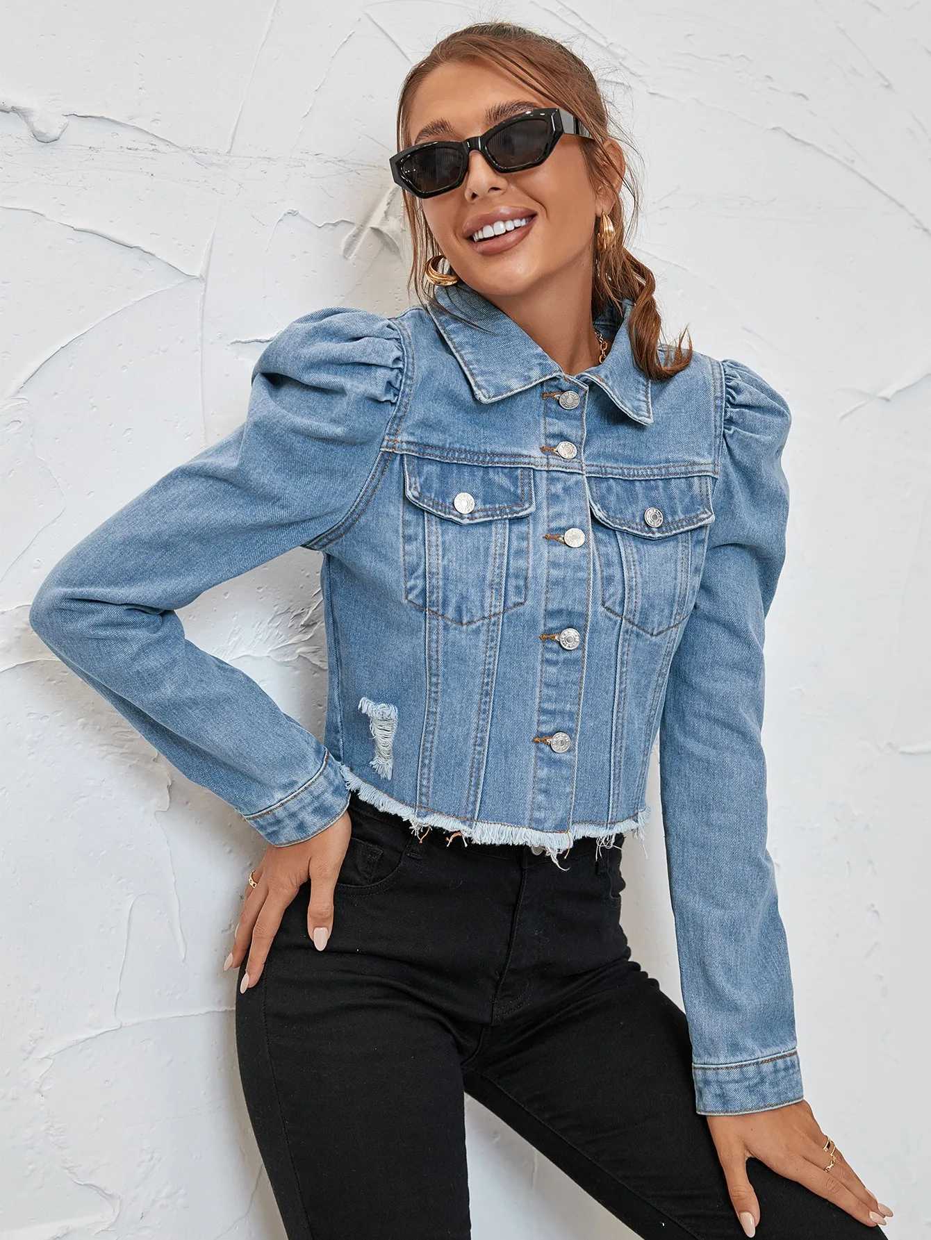 Spring and autumn fashion court style lapel denim casual short jacketX240920