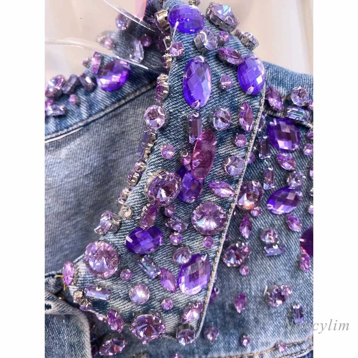 Women Retro Purple Rhinestones Beaded Denim Jacket Spring Short Sequined Jeans Coat Cowboy Cardigan Jaqueta Crop Tops 2023X240920