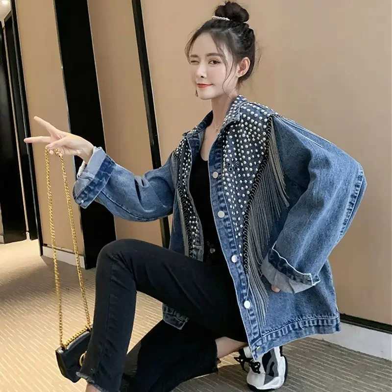Patchwork Womens Denim Jackets Outerwears Spring Autumn Studded Biker Blue Female Jeans Coat Black Fringe Designer Deals New InX240920