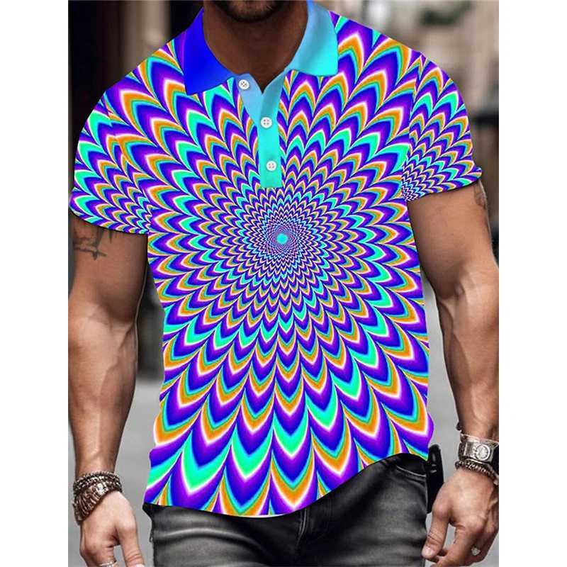 Mens Lapel Polo Shirt Full Print Optical Illusion Graphic Button Up Golf Shirt For Men Short Sleeves Plus Size Turndown TshirtX240920