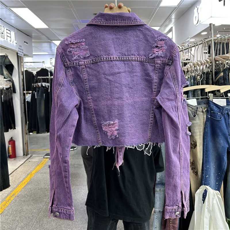 Harajuku Vintage Hole Denim Jacket Irregular Frayed Burrs Hem Purple Blue Spring Autumn New Women Short Jeans Jacket StreetwearX240920