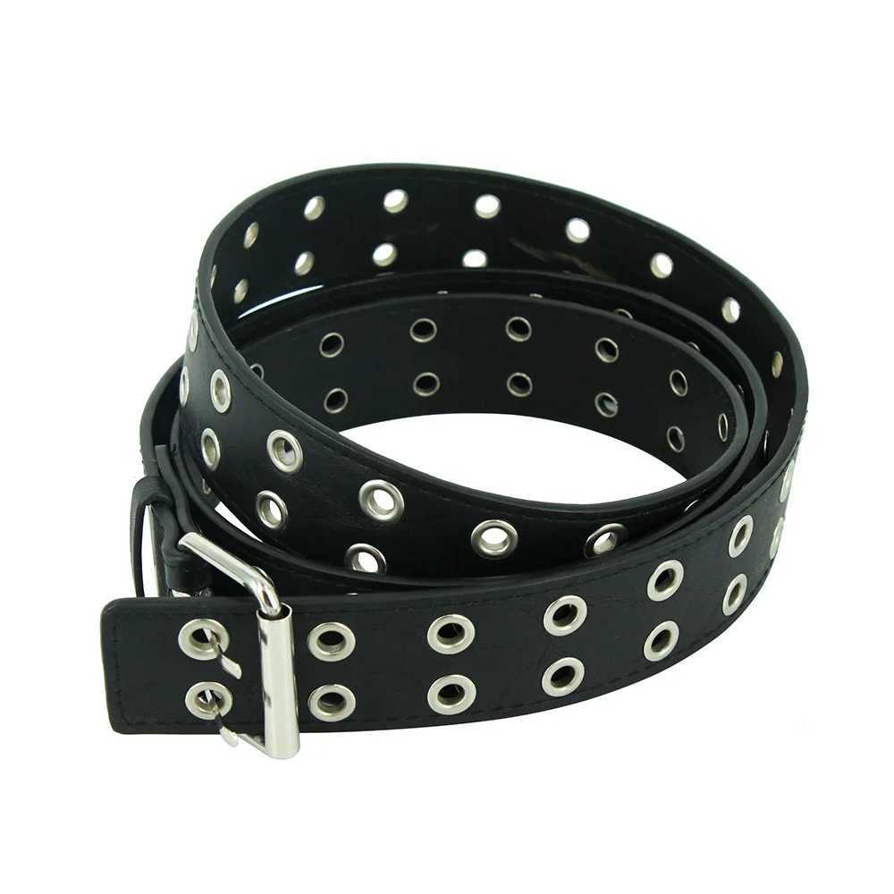 Fashion womens punk chain strap adjustable black double hole eye loop metal buckle leather mens jeans belt W240920