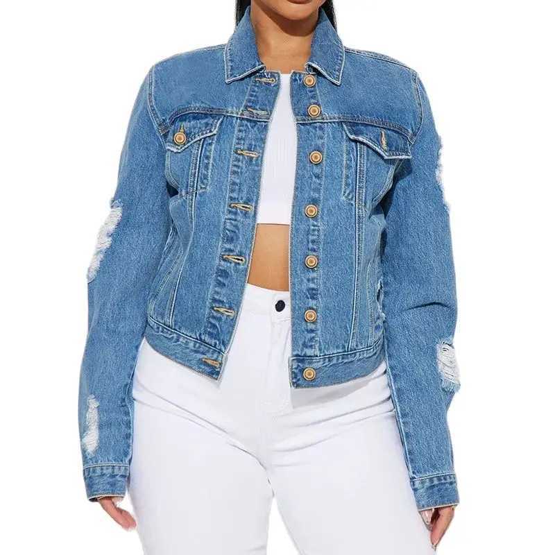 Women Fashion Broken Holes Denim Jacket Casual Vintage Single-breasted Cardigan Coat Autumn Winter Daily Casual Female OuterwearX240920