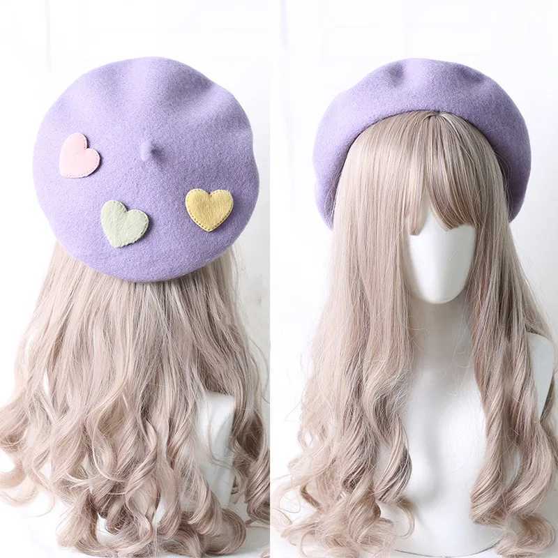 Cute Girls Kawaii Little love Beret Sweet Lolita Headwear Purple Beanies Hat Handmade Wool Felt Women Beret WholesaleX240919