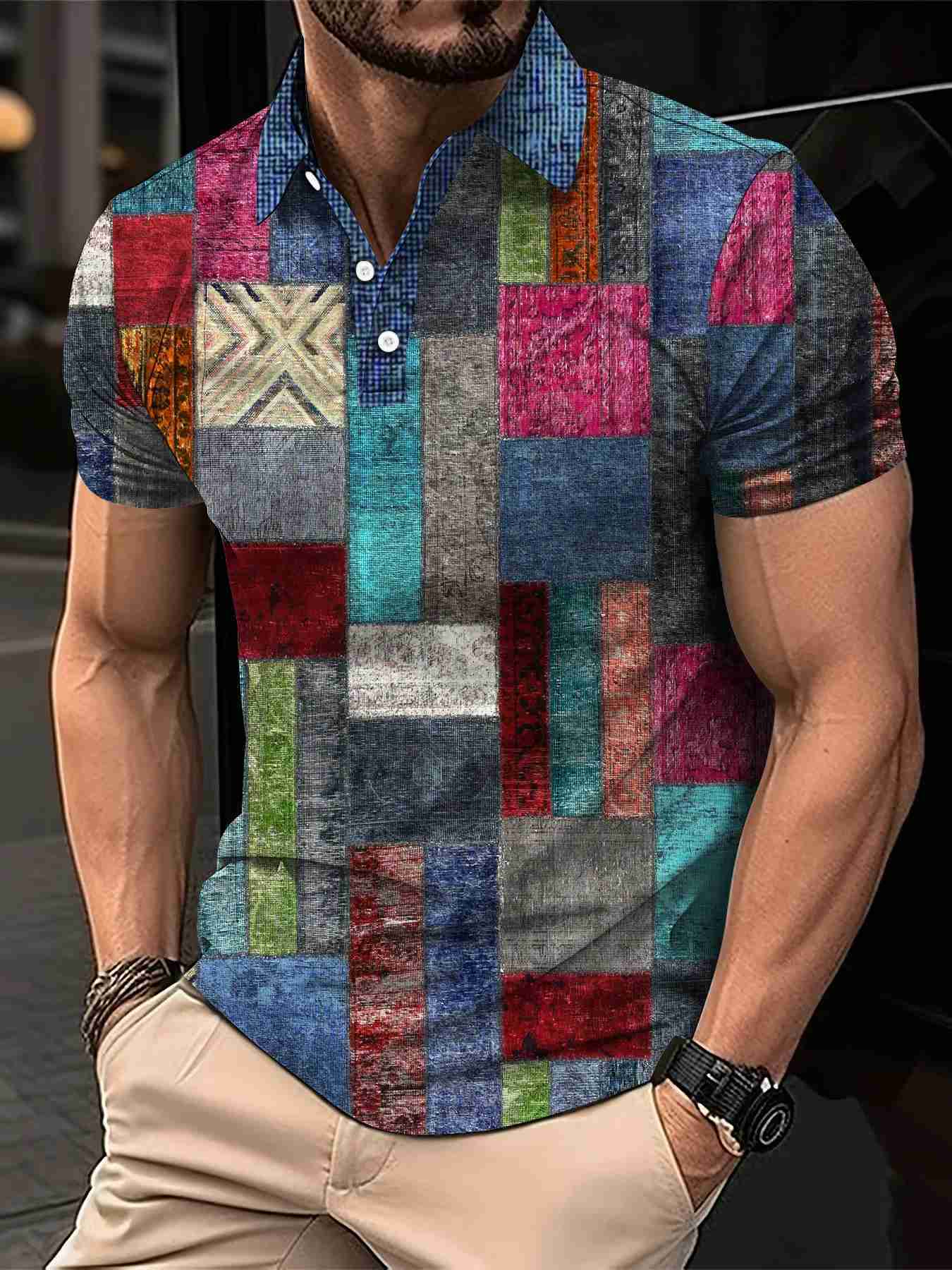New Vintage Mens Polo Shirt 3D Fashion Patchwork Printing Shirts Casual Short-Sleeved Summer Streetwear Men Clothing Tees TopsXJ240920