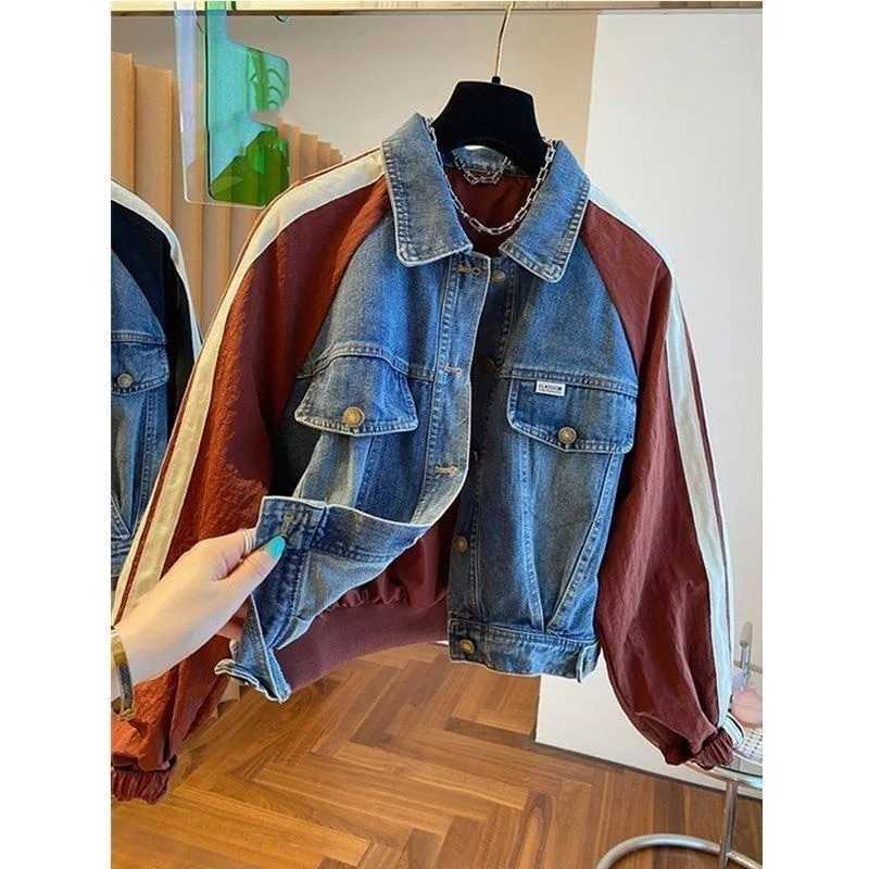 2024 Spring Autumn Short Baseball Jacket Loose Fitting Cowboy Women Outerwear European Fashion Splicing Together Denim Lady CoatX240920