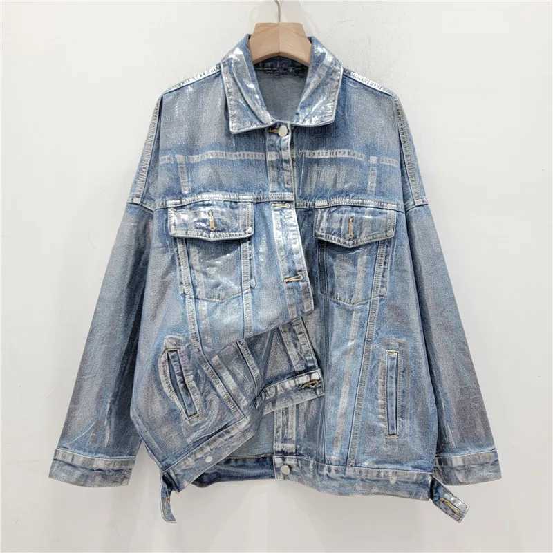 Women Spring Hand-painted Silver Stamping Denim Jacket Handsome Silver Pressed Jeans Jacket Cowboy Bomber Cardigan StreetwearX240920