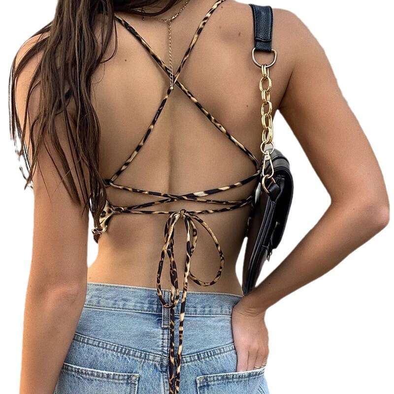 Hallowmas Ins trendy leopard print sexy backless cross slim fit exposed navel inner strap tank top 2024 summer