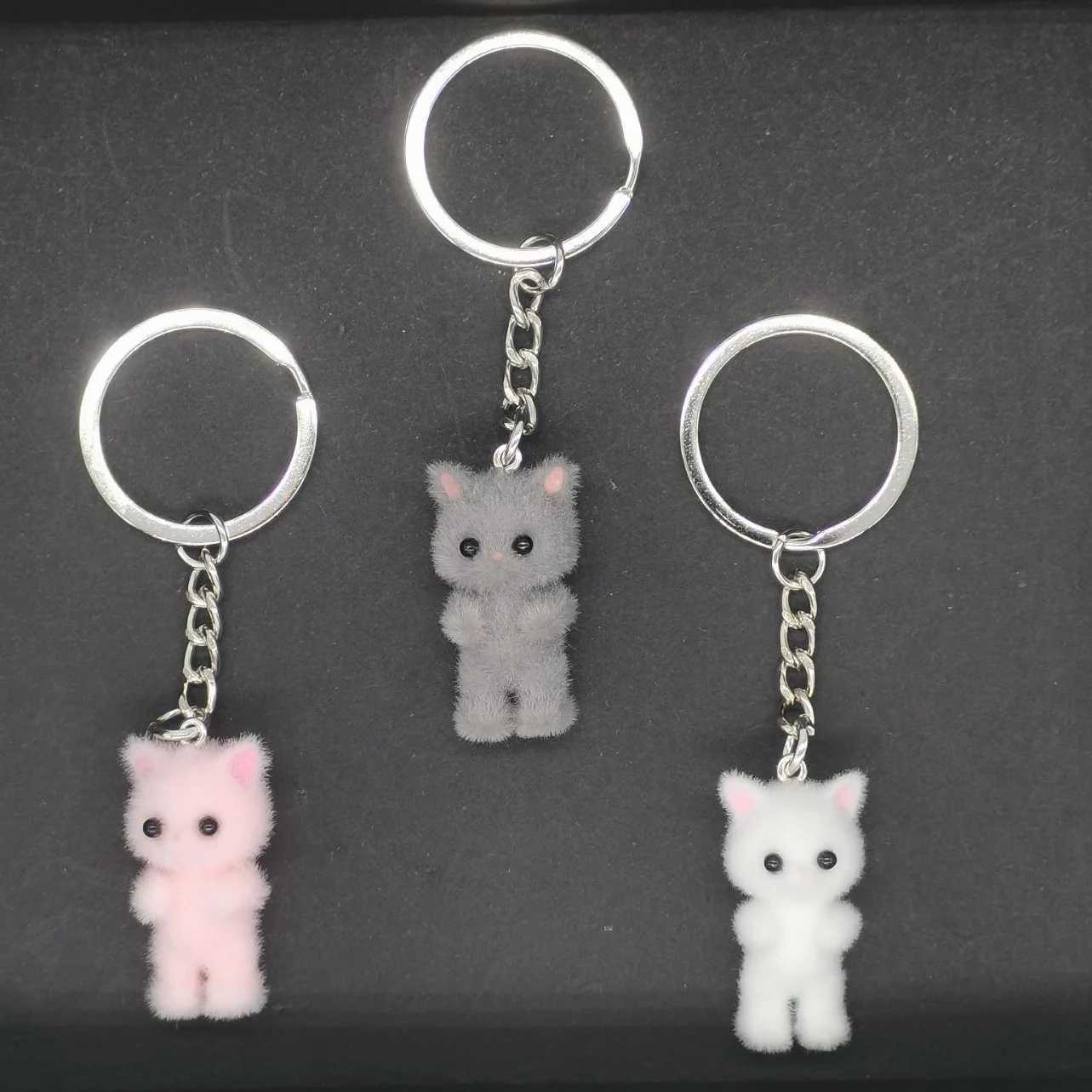 1PCS 3D Cartoon Flocking Cat Keychain Kawaii Cat Key Ring Animal Key Chains Souvenir Gifts For Women Men Car Keys DIY JewelryX240919