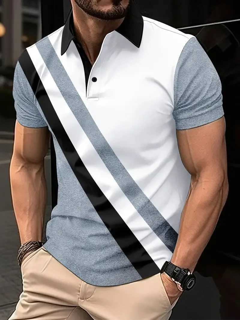 Mens Casual Fashion New Summer Slim Fit Short Sleeve 3D Printing Golf Polo Shirt Stripe Button Mens Short Sleeve Oversized TopX240920