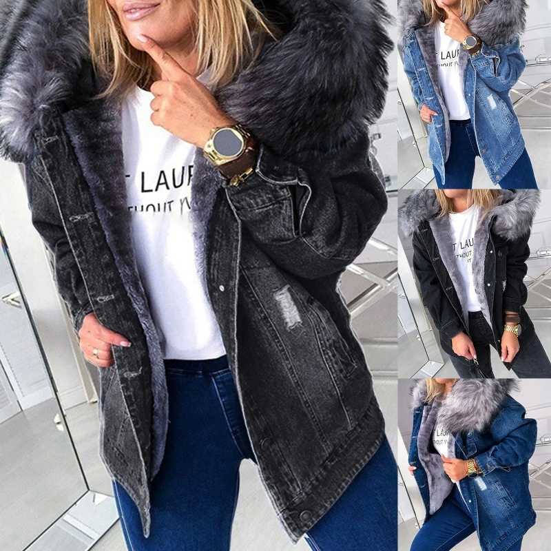 Womens winter warm fluffy collar hooded denim jacket with thick plush lining warm long sleeved jeans jacket button hem too large loose fit W240920