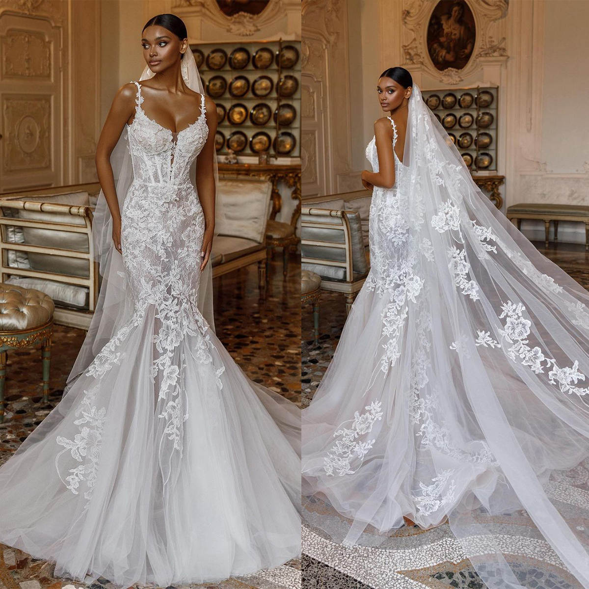 Wedding Gorgeous Mermaid Dress With Veils D Appliques Spaghetti Strap Bride Gowns Sweep Train Tulle Bridal Dresses Custom Made es