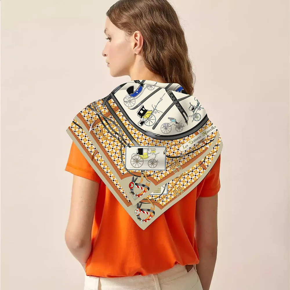 90cm Twill Silk Scarf Shawl Horse Carriage Print Square Scarves Women Hijabs Bandana Silk Foulards Neckerchief 240920