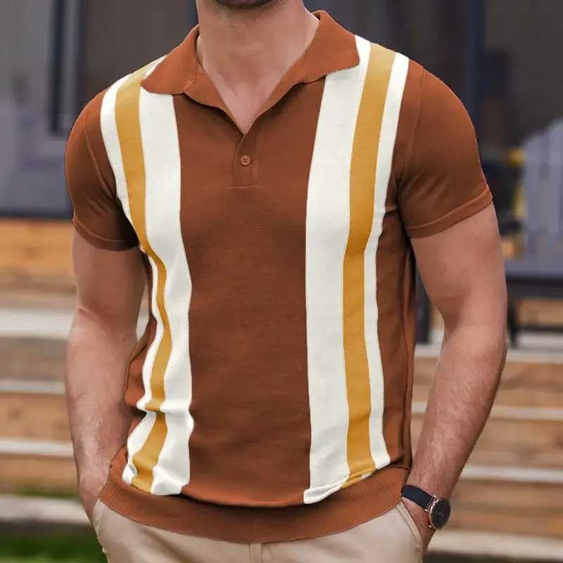 2024 Summer Men Short-sleeved Knitted Polo Blouse Cardigan Vintage Slim Stretch Tshirts Top Business Casual Male Shirts ClothingX240920