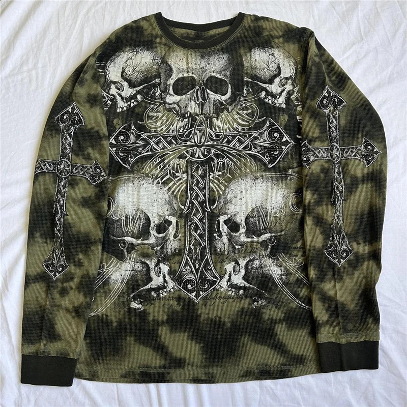 Cross t-shirt y2k skull suit 2000s top womens graphic print O-neck long sleeved T-shirt Gothic fairy Glenqi streetwear 240919