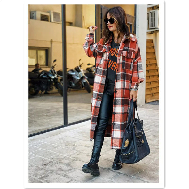 Autumn Plaid Shirt Woolen Womens Fashion Long Streetwear Women Clothing England Style Loose Coat Female Jacket 240912