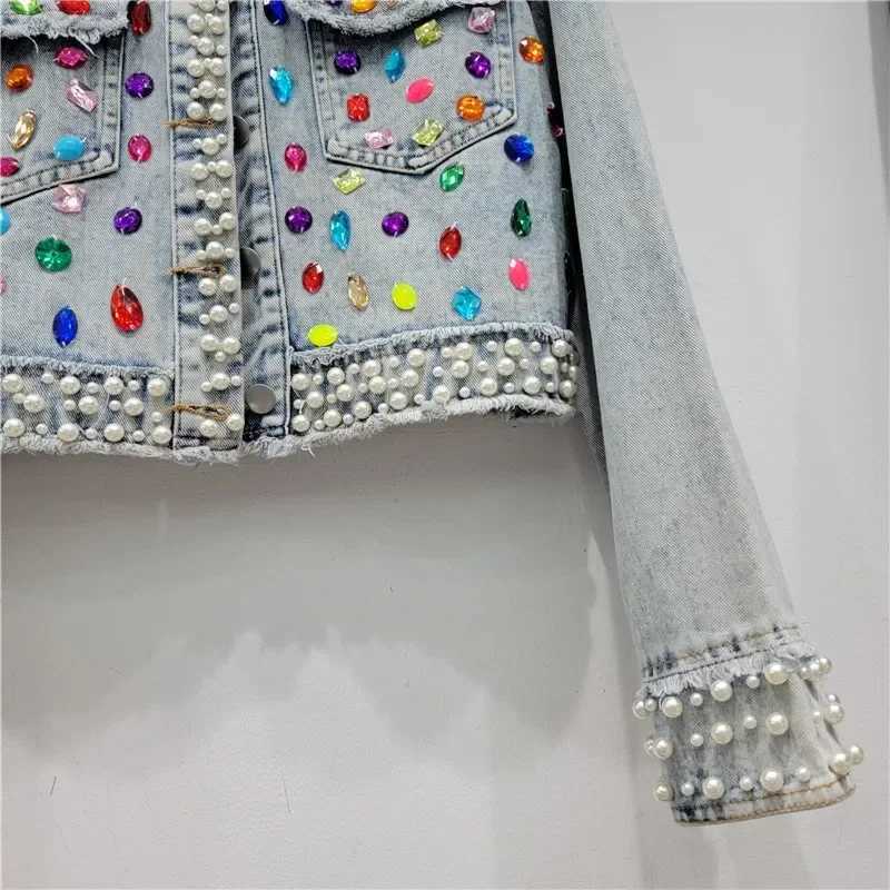 Spring Autumn Women Rainbow Diamonds Pearls Beaded Denim Jacket Rhinestones Rivets Short Jeans Cowboy Cardigan Sequined OutwearX240920