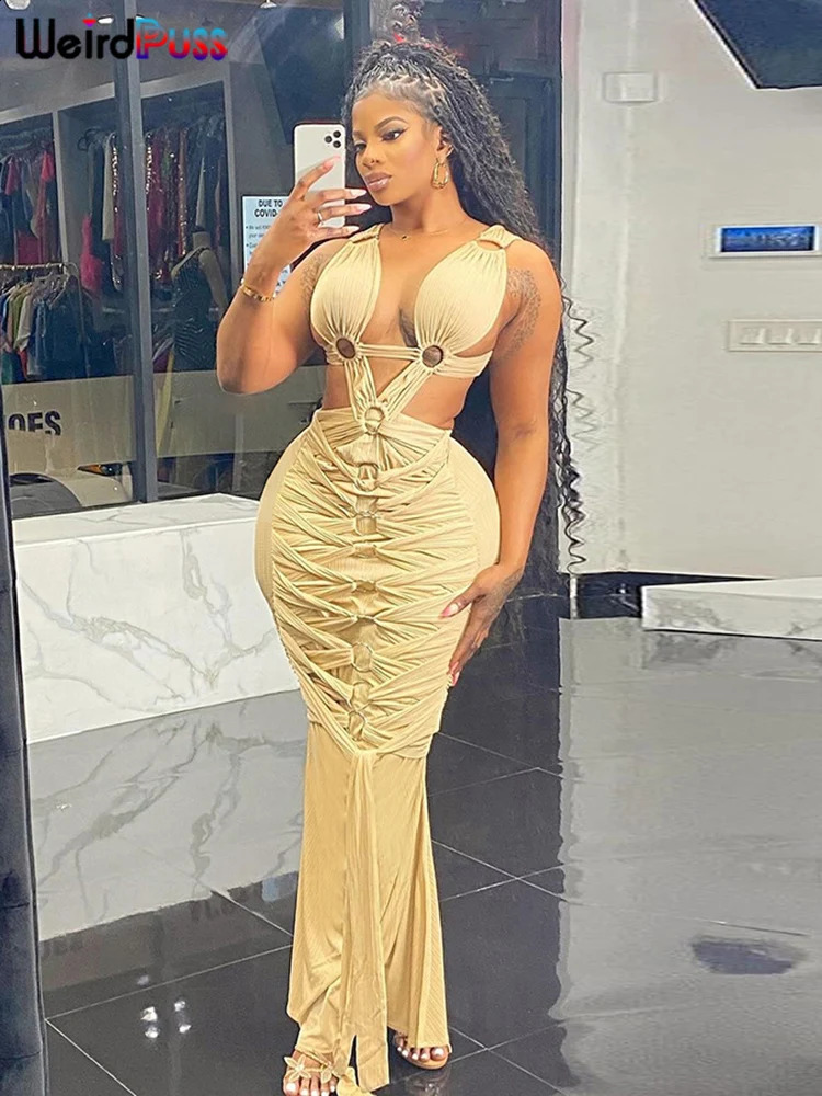 Weird Puss Cirque Cross Hollow Dress Women Sexy Chic Y2K Trend Backless Sleeveless Elegant Birthday Party Stretch Maxi Bodycon 240920