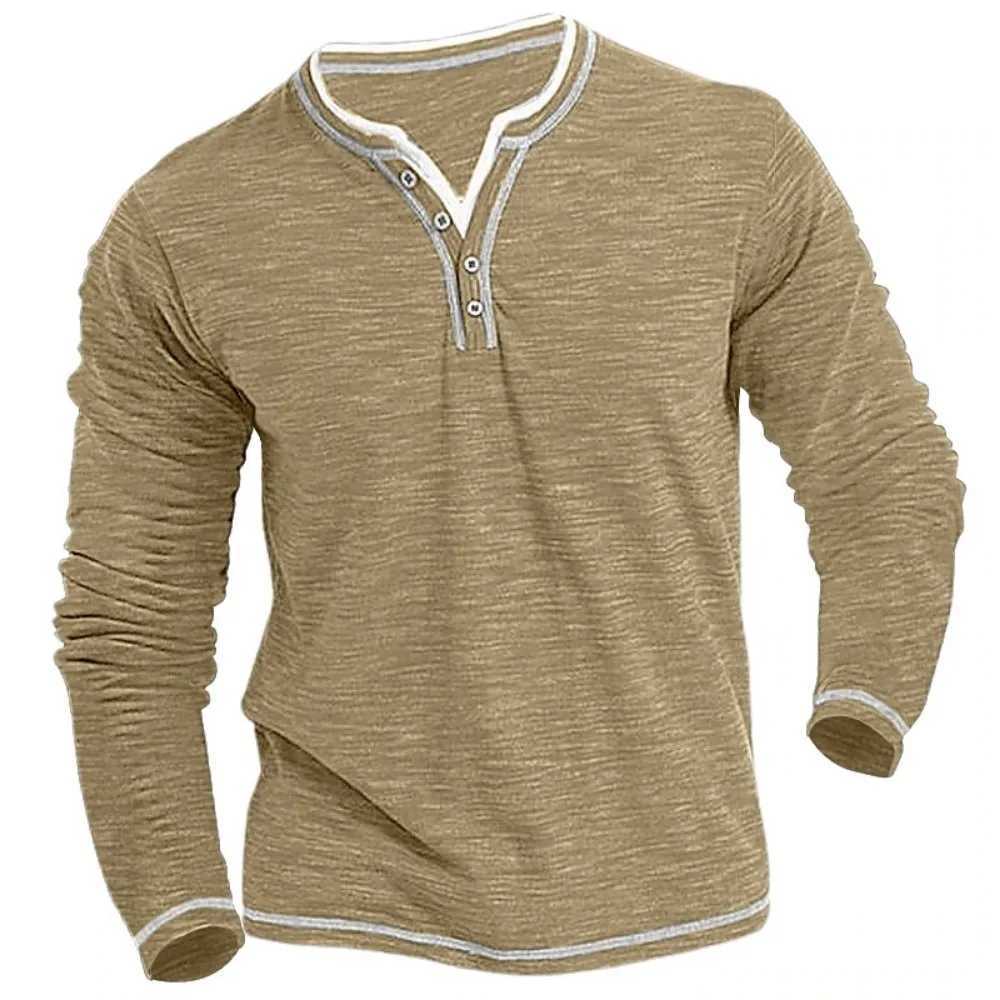 New Cotton Small V-neck T-shirts Mens Casual T-shirt Fall Winter Long-sleeved Comfortable Soft Stretch Henley ShirtX240919