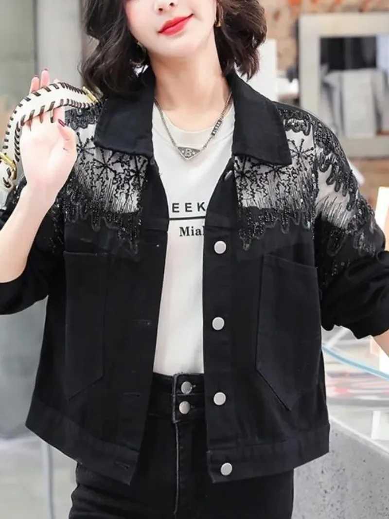 Women Lace Embroidery Loose Diamond Studded Short Denim Jacket Ladies Sweet Korea Summer Spring 2023X240920