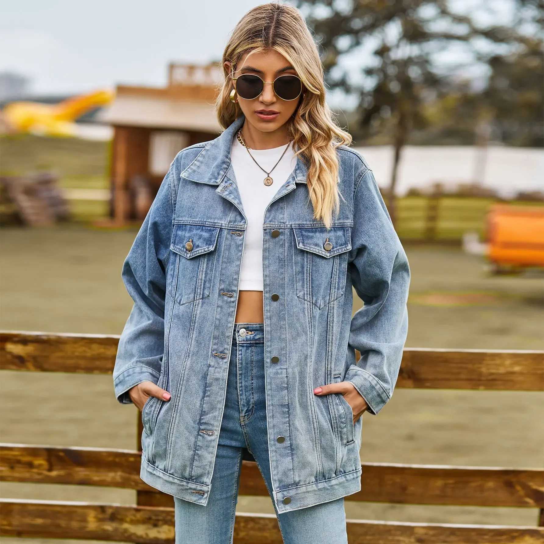 2024 Autumn Winter Classic Versatile Denim Jacket for Women Fashion Loose Mid Length Jeans Coat Casual Female Clothing S-2XLX240920